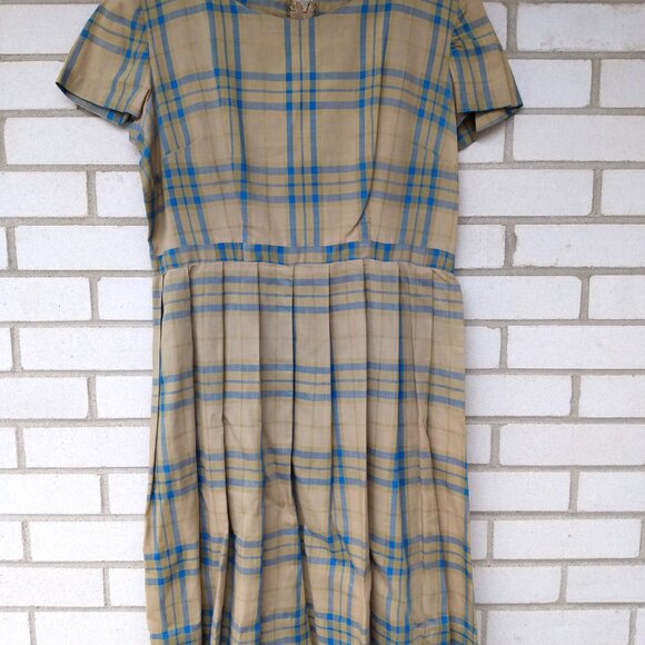 Vintage 50s Rockabilly Dress 41" Bust 33" Waist Khaki Blue Plaid Lightweight - Picture 2 of 12